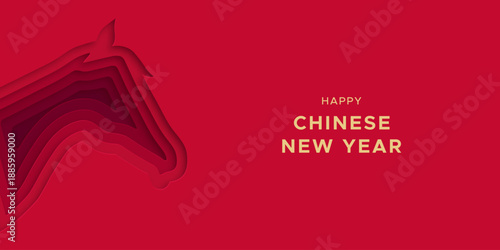 Happy Chinese New Year of the horse 2026 paper cut illustration template in realistic 3d style. China culture festival event banner with papercut animal shape. Traditional cutout greeting card design.