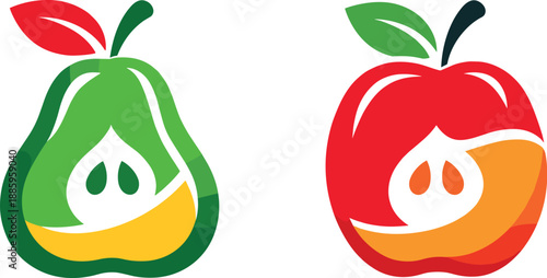 Two-Color vector icons of pear apple: rounded hybrid fruit arc, soft pear curve, apple-leaf crest, gentle stem line; blended body