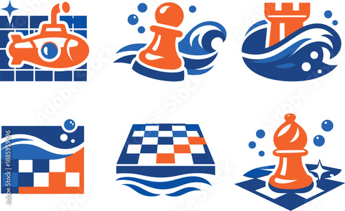 Marine Chess Icons. Two-Color vector icons of marine exploration harmony tied to submerged game pieces: sub outline, grid glint,