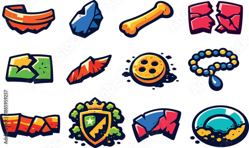 Vibrant Buried Artifacts. Two-Color vector icons of buried artifacts: clay pot rim, stone tool flake, bone handle, broken tablet,