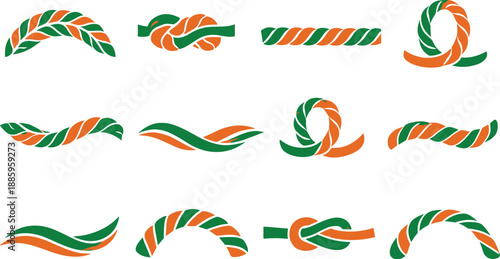 Two-Color vector icons of organic rope motion: leaflike rope arc, natural knot curve, earthy strand band, soft loop ridge;