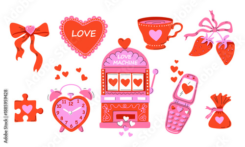Set of cute and playful illustrations about love with heart, bow, candy, puzzle element, cup, strawberries, slot machine, mobile phone, alarm clock. Suitable for Valentine's Day, romance, love themes.