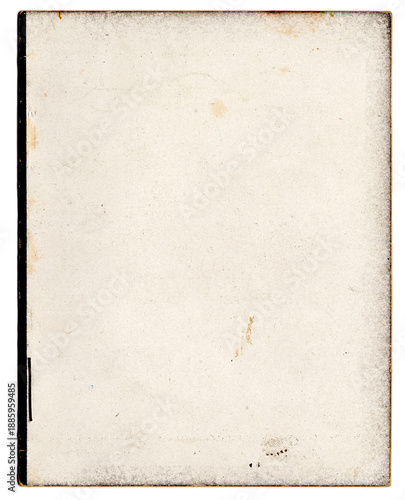 Nahaufnahme der leeren Rückseite einer älteren Broschüre im Hochformat. Helles, cremefarbenes Papier/Karton mit feiner Struktur, dunkler Vignette an den Rändern, leichten Flecken, Abriebspuren.