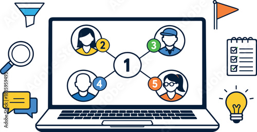 Idea triage meeting on laptop screen with five avatars connected by numbered nodes, chat bubble, priority flag, funnel, magnifier