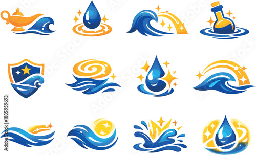 Two-Color vector icons of magic–water contrasts: lamp beside wave, droplet over enchanted symbol, fluid meeting magic arc, vessel
