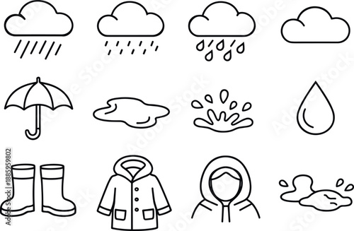 Line style vector icons of Rainy day icons: rain, drizzle, shower, cloud; umbrella, puddle, splash, drop; boots, coat, hood, wet