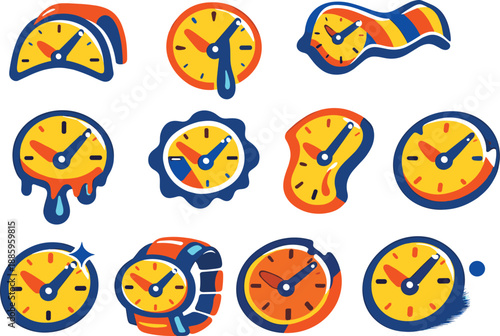 Two-Color vector icons of distorted timepieces: warped watch arc, melting minute hand, soft edge stripe, stretched band, drip