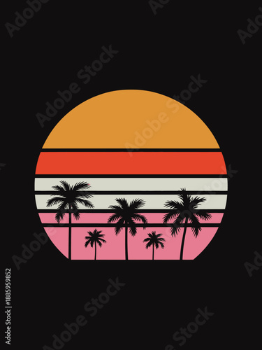 A stylized depiction of a sunset with palm trees