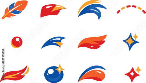 Two-Color vector icons of bird features: feather stripe, beak cut, crest curve, contour dash, tiny bead, arc flick, wing tip,