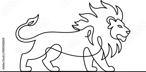 Black and white outline of a lion with a flowing mane