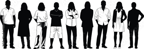 Black and white people silhouettes standing in a row, diverse men and women figures, anonymous human crowd illustration, teamwork, society, diversity, workforce concept