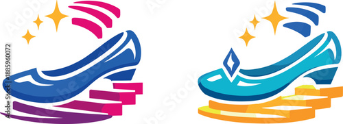Two-Color vector icons of enchanted slipper motif: dreamy glass curve, floating stair arcs, glimmer dot, soft heel sweep; smooth