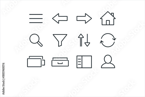 Line style vector icons of UI navigation icons: menu, back, forward, home; search, filter, sort, refresh; tab, drawer, sidebar,