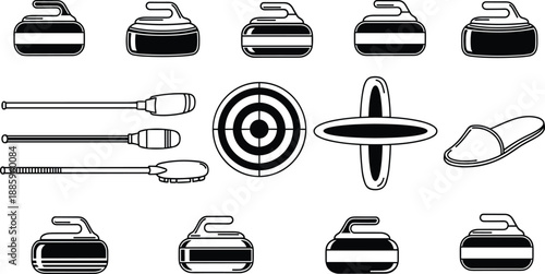 Black and white vector illustration of curling sport equipment icons including granite stones, brooms, target house, slider shoe, and brush elements isolated on white.