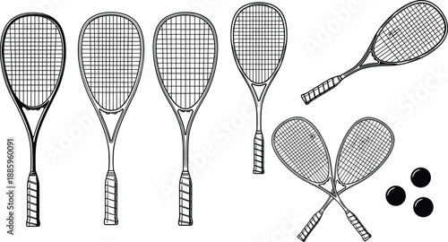 Black and White Vector Illustration of Squash Rackets and Balls Set Isolated on White Background for Sports Equipment Design, Fitness Icons, and Athletic Graphics