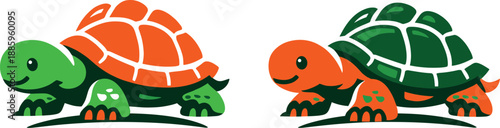Vibrant Turtle Icons. Two-Color vector icons of slow-moving creatures: crawling turtle, low stance, rounded plates, scale patch,