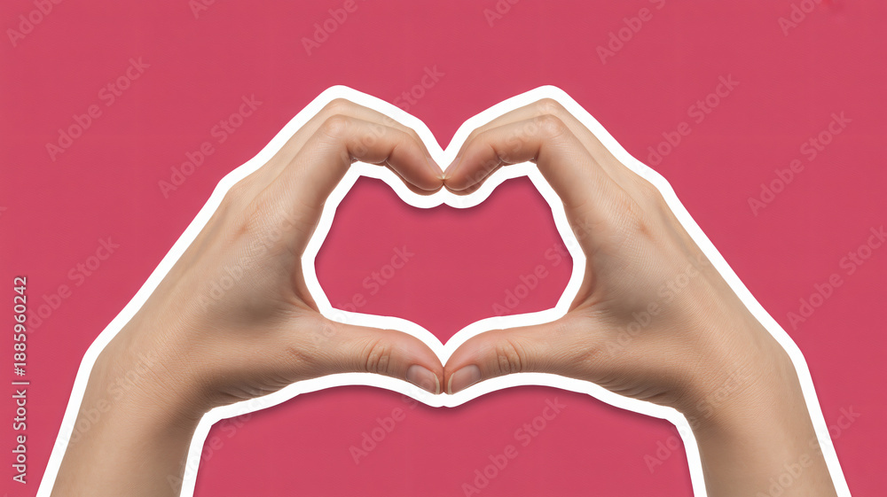 Obraz premium Hands forming heart shape in minimalist style with soft pink background for valentines day greeting