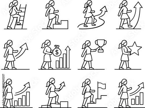 Line style vector icons of women career growth: ladder, step, path, arrow; promotion, raise, award, star; progress, advance, grow