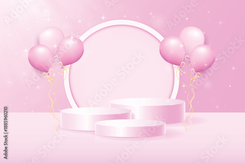 Realistic pink round podiums with air balloons on illuminated background with round element, light rays and glitter elements. Minimalist Vector illustration for presentations and demonstrations
