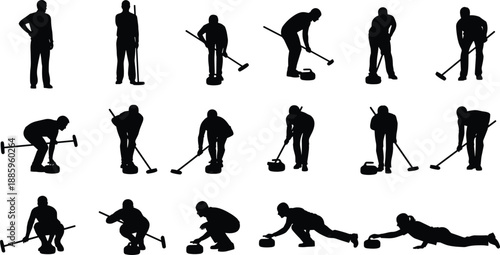 Collection of black silhouettes of curling players in various poses including sliding stones and sweeping ice isolated on white background for sports design