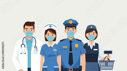 Essential workers in face masks, including doctor, nurse, police officer, and cashier, representing various professions during a health crisis