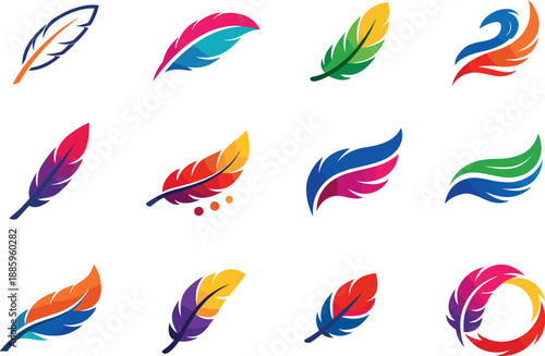 Two-Color vector icons of feather forms: quill outline, soft vane arc, small plume, airy curl, slender shaft, drift bead, wing