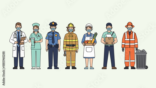 Essential Workers in Uniforms, Representing Diverse Professions and Public Service