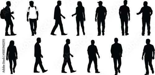 Collection of diverse walking people silhouettes showing men and women in casual poses, isolated on white background, ideal for crowd, urban lifestyle, and movement concepts