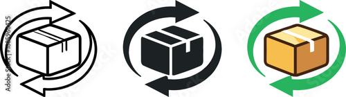 Cycle of exchange expressed as a symbolic loop arrow wrapping a simple package form to convey return and replacement — three