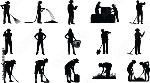 Farm worker silhouettes set showing agricultural labor activities including gardening, harvesting, raking, watering plants, teamwork farming tasks, rural lifestyle 