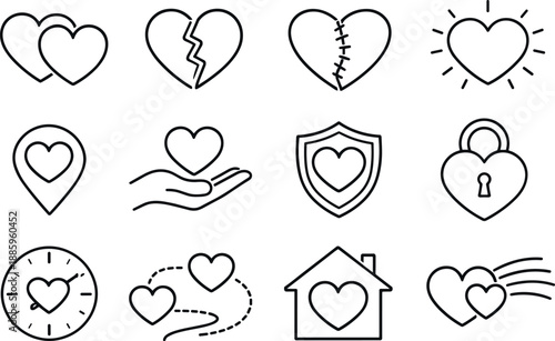 Line style vector icons of love heart signs: doubleheart, brokenheart, stitchedheart, glowingheart; heartpin, hearthand,