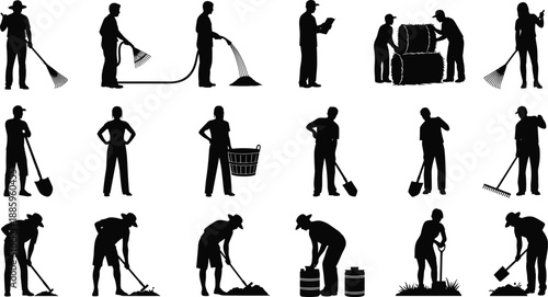 Large set of farmer silhouettes working with gardening tools including shovels rakes and hose for agriculture farming landscaping and organic horticulture industry graphics (25 words)