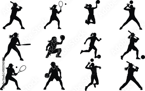 Female athlete silhouettes set showing women playing baseball, tennis, basketball, soccer and handball, dynamic sports action poses isolated on white background