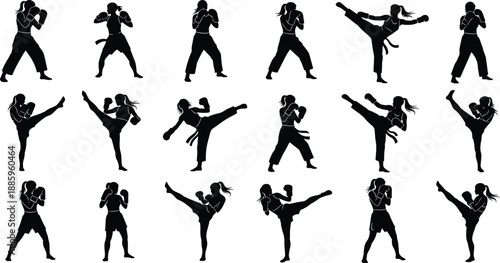 Female martial arts and boxing silhouettes set showing women performing punches and high kicks, combat sport training poses isolated on white background