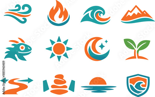 Two-Color vector icons of carved storytelling: symbol of wind, mark of fire, wave etch, mountain line; creature outline, sun disc