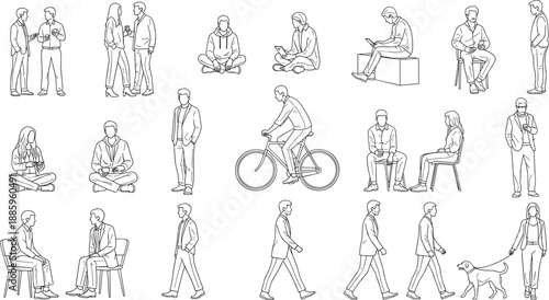 Minimal line art illustration set of modern people in various daily activities including walking, sitting, cycling, reading, and social interaction, isolated on white background