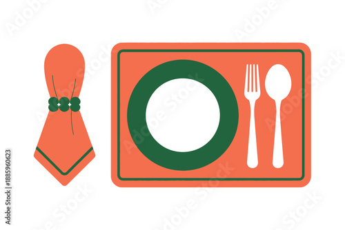 Orange Place Setting with Green Accents and White Utensils on Tableware