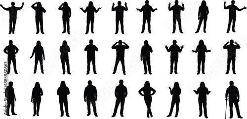 Set of black silhouettes showing diverse people in various standing poses including expressive gestures, hand signs, emotions, and casual body language for graphic design