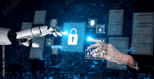 Foto Innovative interaction between human and robot showcasing cybersecurity measures, integrating digital locks and advanced data protection in a tech-driven environment