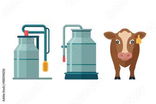 Cartoon cow and milk machines illustration