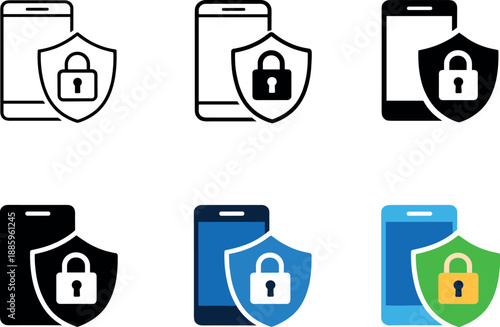 Application protection symbol depicting a smartphone combined with a security shield and lock to convey controlled access and