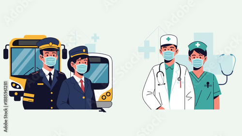 Frontline Heroes Healthcare Professionals and Public Transport Staff Wearing Face Masks During Pandemic for Community Safety and Well-being