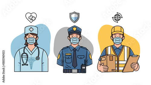 Courageous essential workers, including healthcare professionals, law enforcement, and service personnel, diligently serve society wearing protective face masks