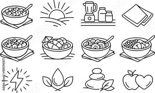 Line style of Breakfast smoothie bowls vector icons: breakfast bowl, morning sun, kitchen counter, napkin; berry mix, tropical