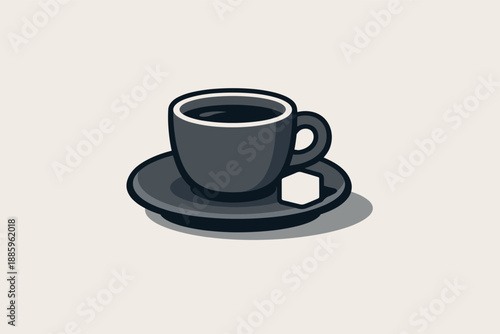 Matte ceramic espresso cup with saucer and one sugar cube, clean product composition, neutral modern product aesthetic, flat