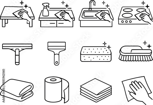 Line style icons of routine surface cleaning: tabletop, counter, sink, stove; squeegee, scraper, spongepad, brush; towel,