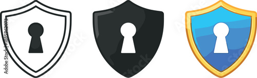 Verifying identity illustrated by a shield emblem with a keyhole at its center conveying protected sign-in and controlled system