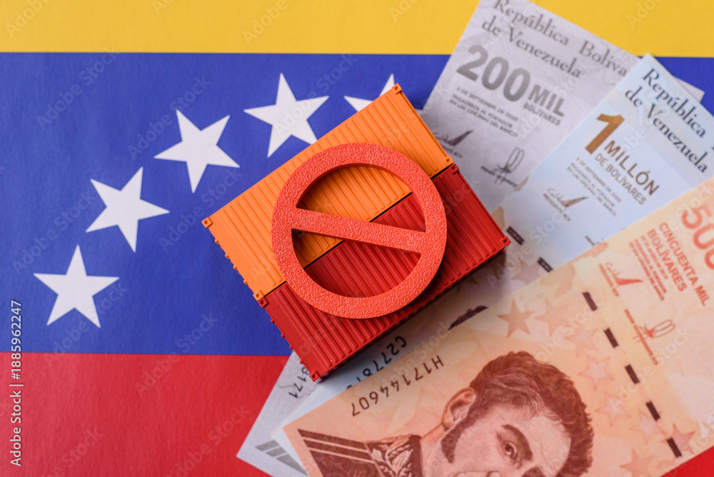 Fototapeta premium The cargo container embargo on the Venezuela flag as a backdrop for your design