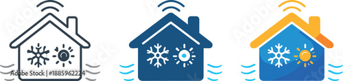Comfortable living scene showing a smart home icon with subtle signal lines and temperature symbols representing automated