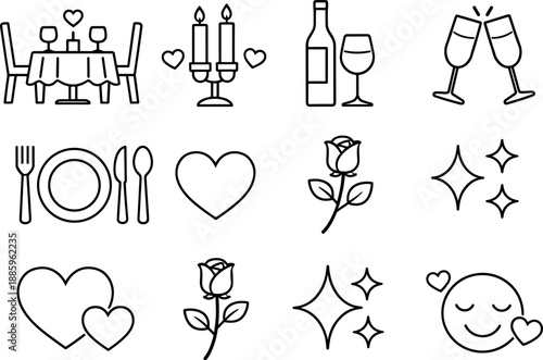 Line style vector icons of Romantic dinner icons: table, candle, wine, glass; plate, fork, knife, spoon; heart, rose, sparkle,
